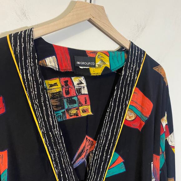 Vintage In Group Ltd 80s 90s Colorful Abstract Wearable Art Blouse Sz 14 / L - Picture 4 of 12